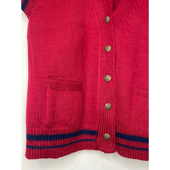 Womens Vintage Preppy V Neck Wool Vest Red Navy Stripe Gold Button L - Picture 6 of 7